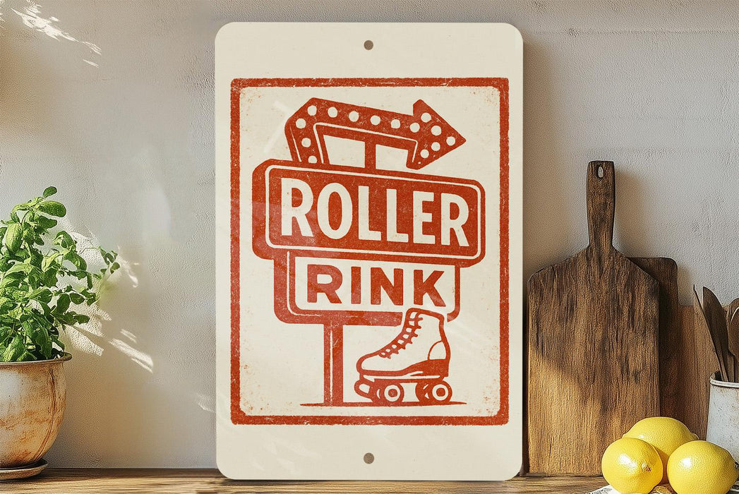 a sign for a roller rink, with a roller rink sign and a wooden cutting board with a lemon on it.
