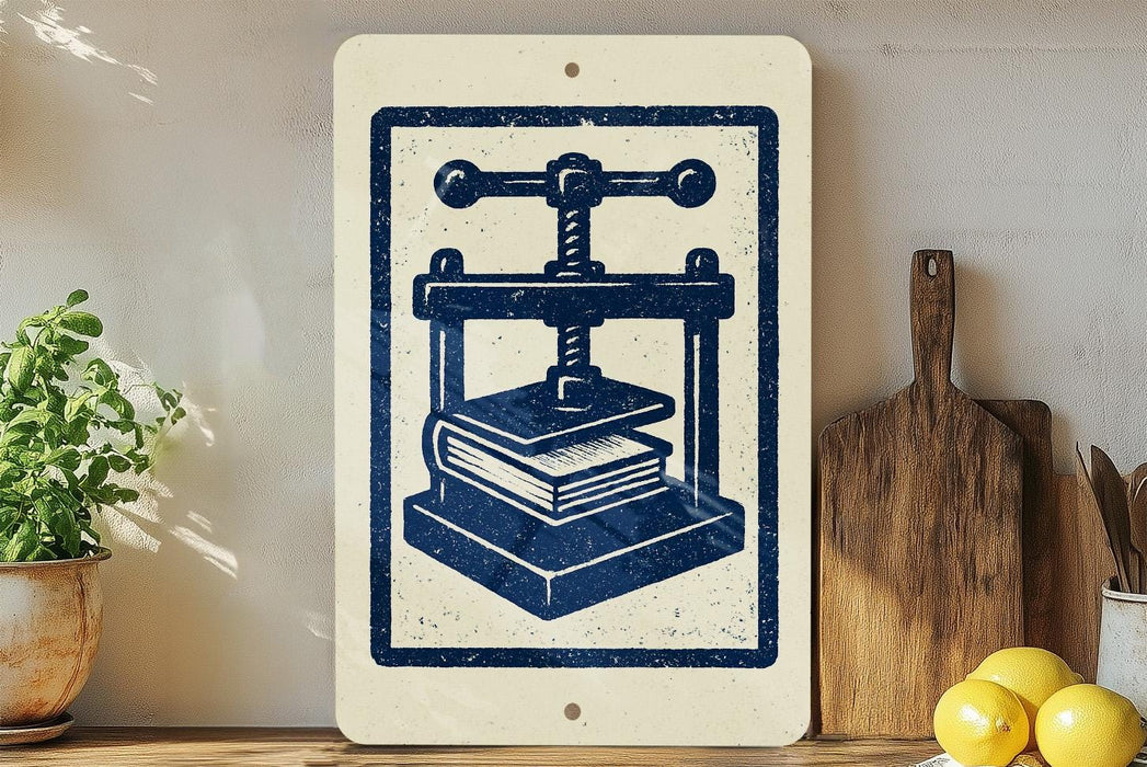 a sign with a blue and white design depicting a book press, placed on a wooden shelf next to a potted plant and a wooden cutting board.