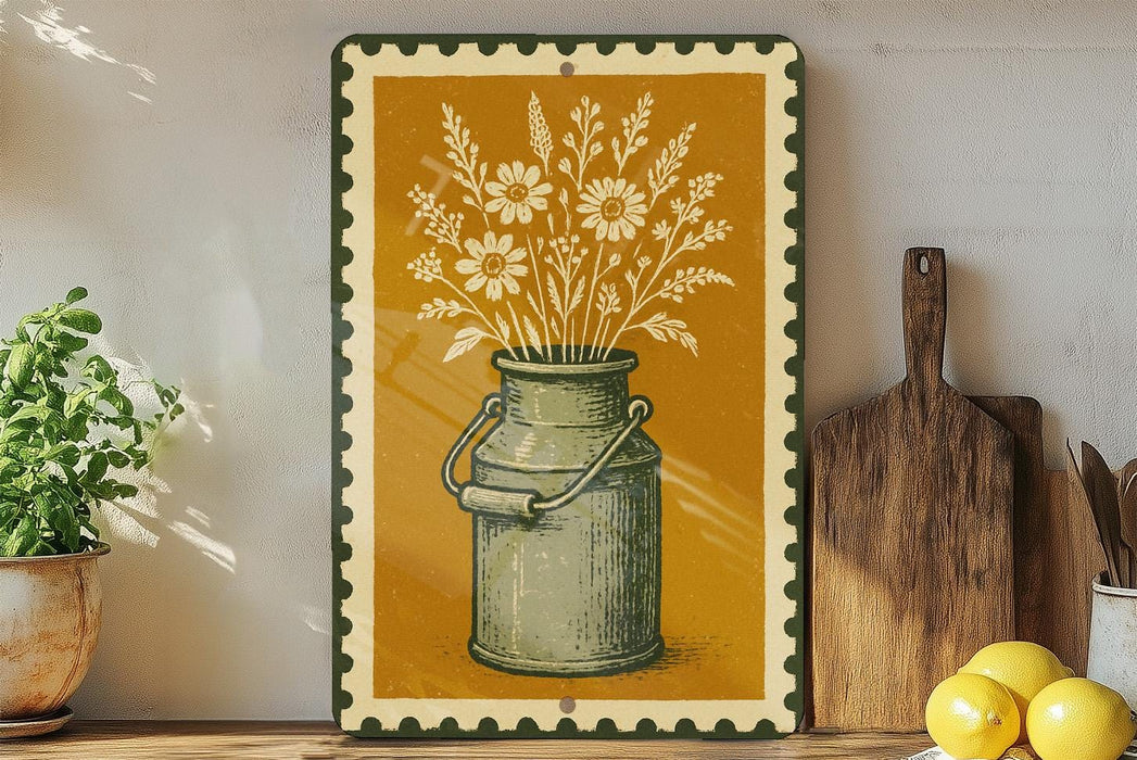a vintage-style metal canister with a handle and spout, placed on a wooden shelf next to a wooden cutting board and a potted plant.
