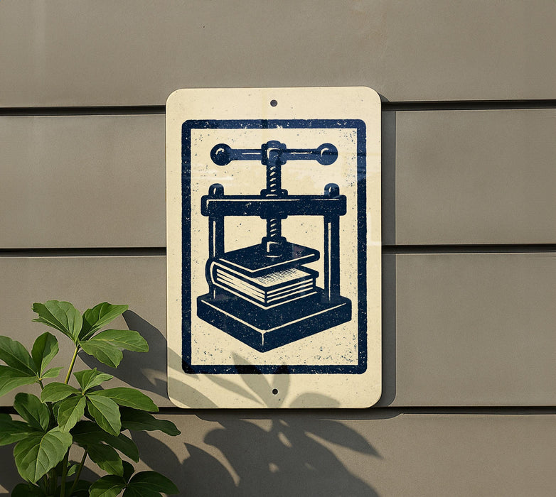 a sign with a blue and white design depicting a book press, mounted on a wall next to a plant.