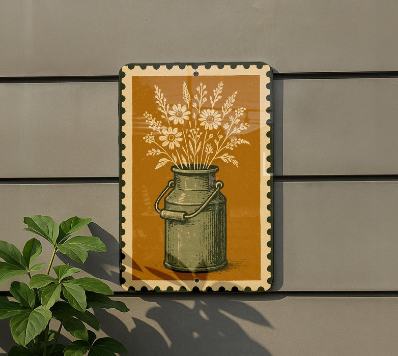 A vintage-style metal milk can with a handle and spout, painted on a wall with a decorative border.