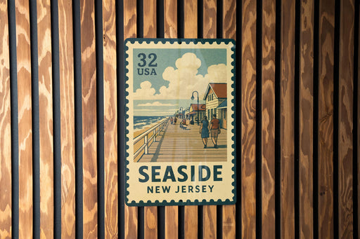 A vintage seaside postcard from New Jersey, featuring a wooden pier and people enjoying the beach.