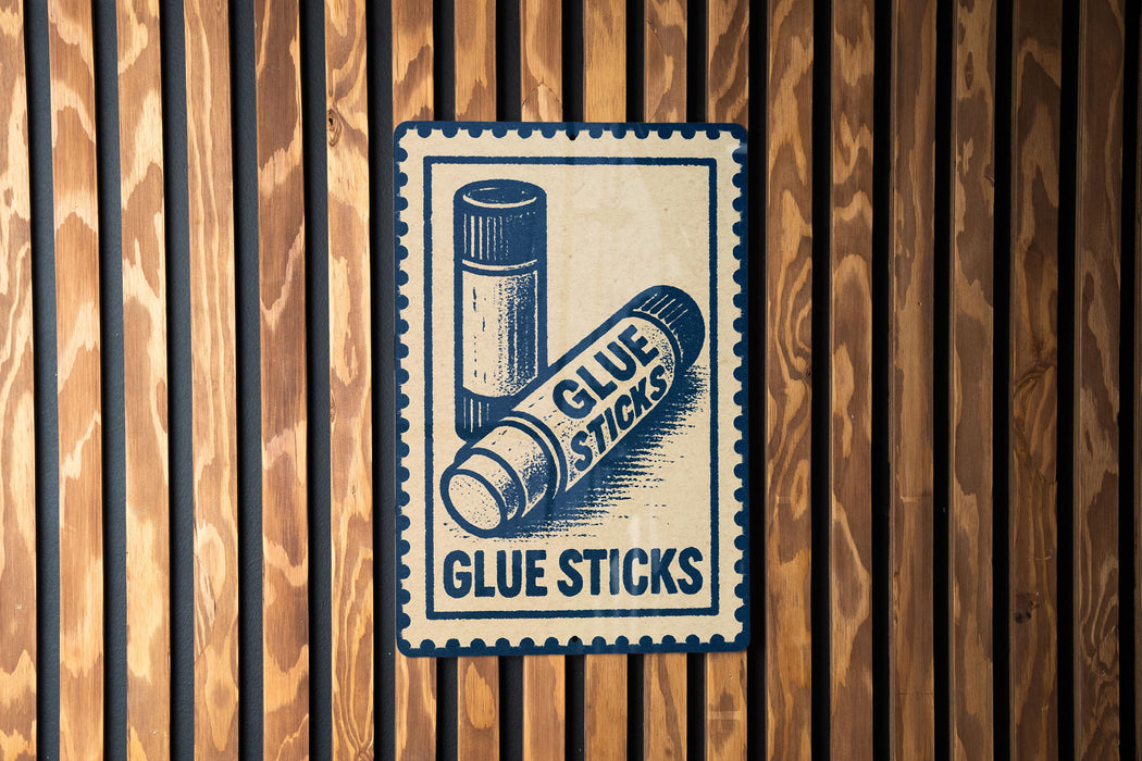 A sign with the text "GLUE STICKS" is displayed on a wooden wall.