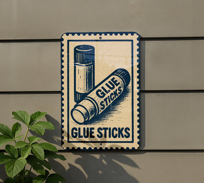 A sign on a wall that says "GLUE STICKS" with an illustration of two glue sticks.