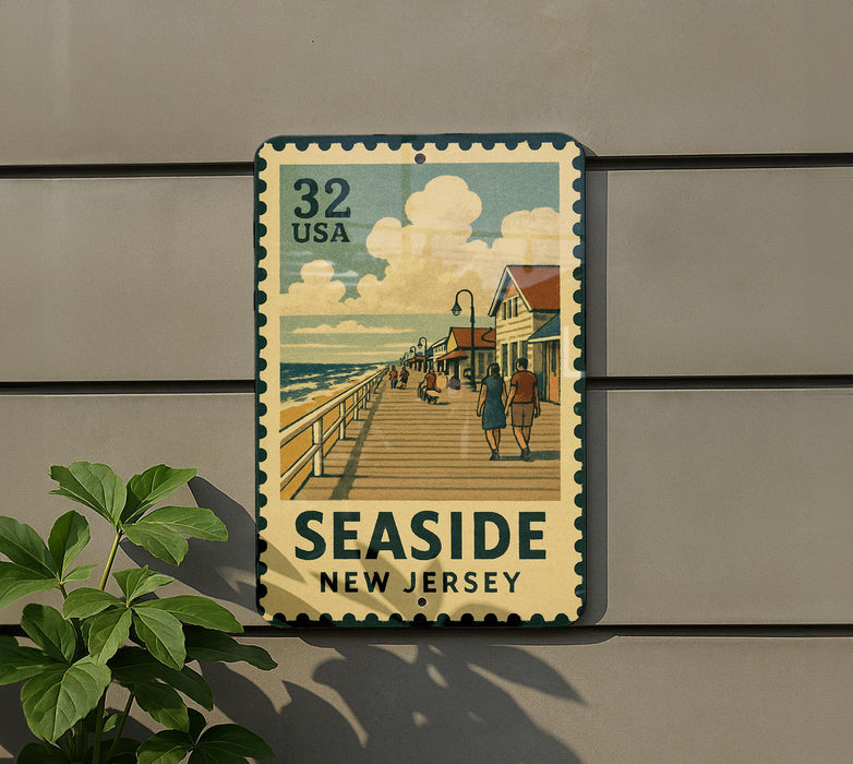 A vintage-style metal sign with a beach scene and people walking along the boardwalk, mounted on a wall.