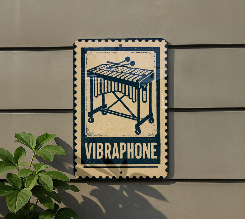 a sign that reads "VIBRAPHONE" with a graphic of a musical instrument, likely a xylophone, on it.