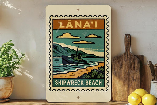 A vintage-style sign for "Lana'i Shipwreck Beach" is displayed on a wall, featuring a ship illustration and the text "Lana'i Shipwreck Beach".