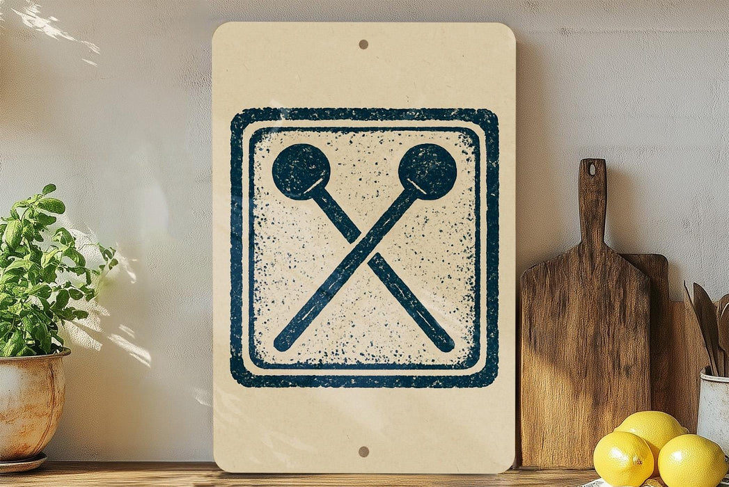 a kitchen counter with a wooden cutting board, a potted plant, and a sign with a symbol of two crossed spoons.
