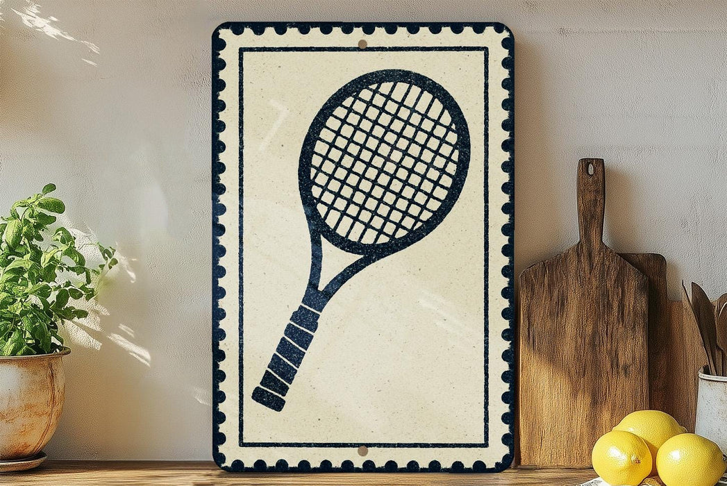 a tennis racket on a shelf, surrounded by various kitchen utensils and a potted plant.