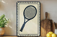 a tennis racket on a shelf, surrounded by various kitchen utensils and a potted plant.