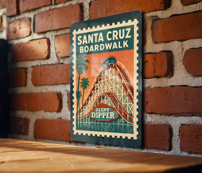 A poster for Santa Cruz Boardwalk features a roller coaster and the text "Plant Dipper" on a brick wall.