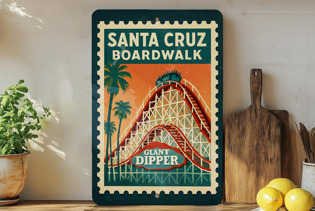 A vintage-style poster of the Santa Cruz Boardwalk roller coaster, featuring a large image of the roller coaster and palm trees, is displayed on a wall next to a wooden cutting board and a potted plant.