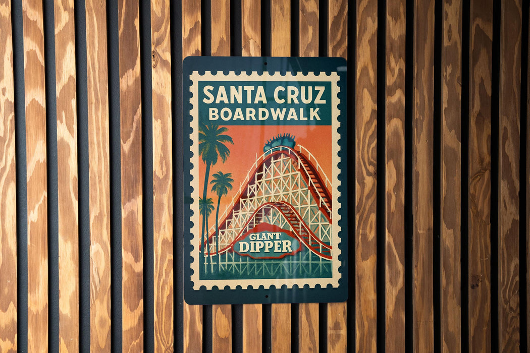 A vintage-style poster advertising the Santa Cruz Boardwalk, featuring a roller coaster and palm trees.