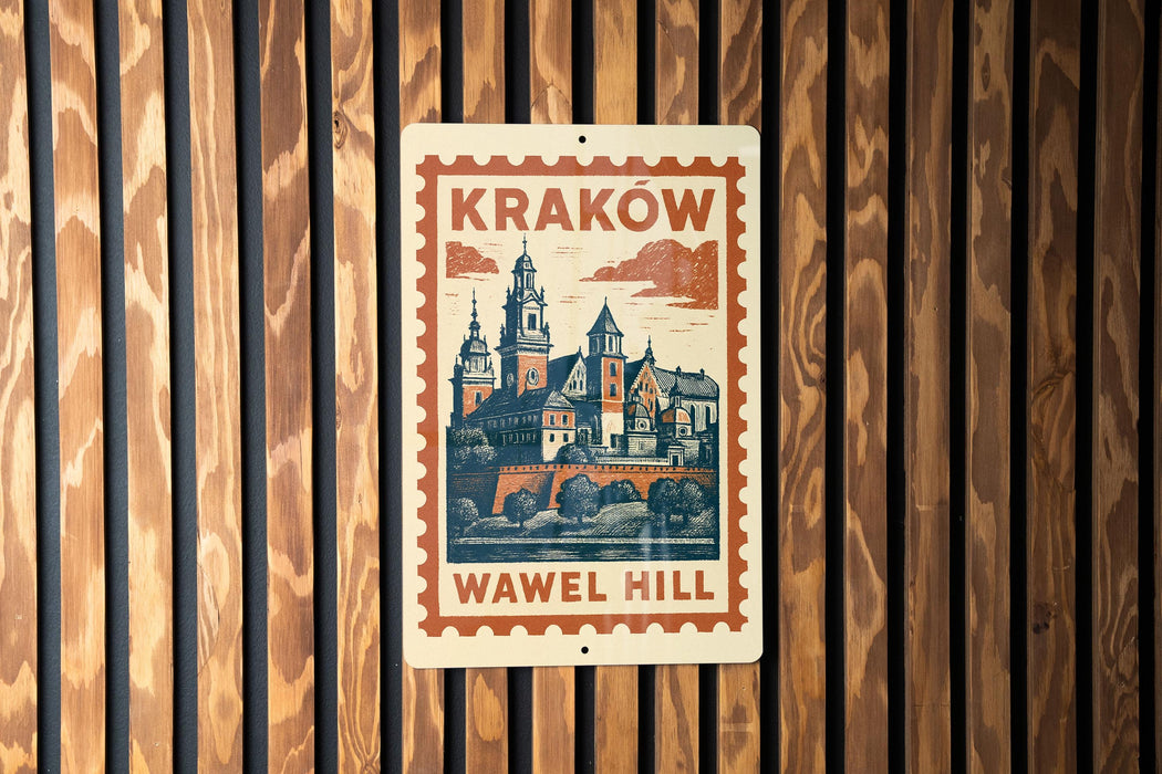 A metal sign with a vintage-style illustration of a castle or palace, mounted on a wooden wall.