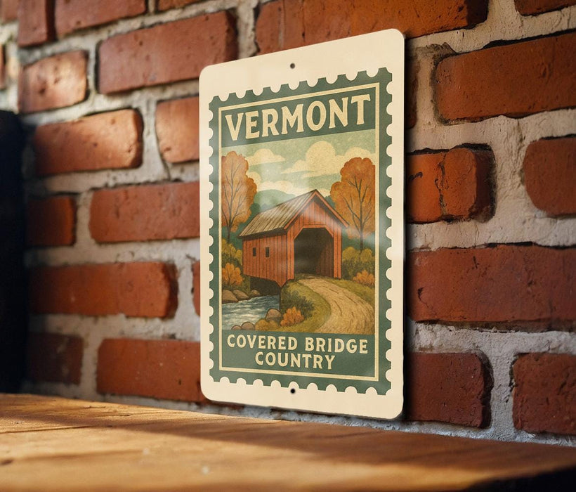 A vintage-style sign for Vermont's Covered Bridge Country is displayed on a brick wall.