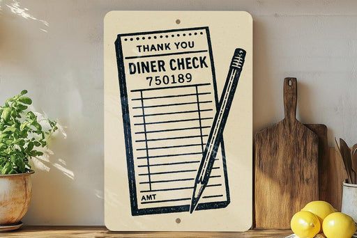 a sign with a list of items and a pencil, placed on a wooden surface next to a plant and some kitchen utensils.