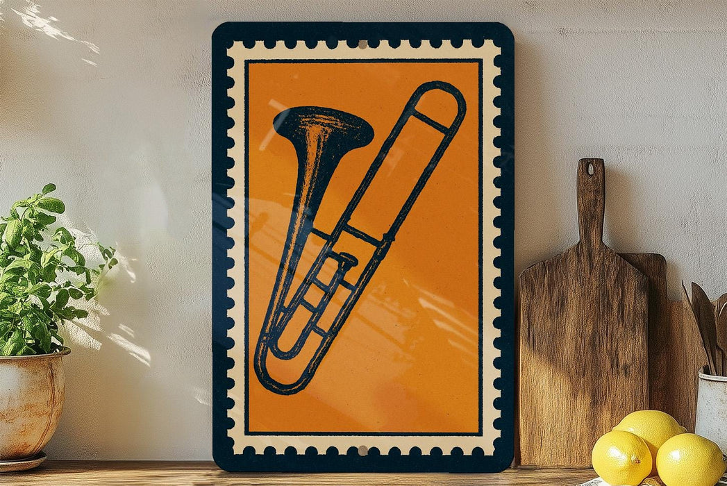 a framed illustration of a trombone on a wooden shelf, with a potted plant to the left and a wooden cutting board to the right.