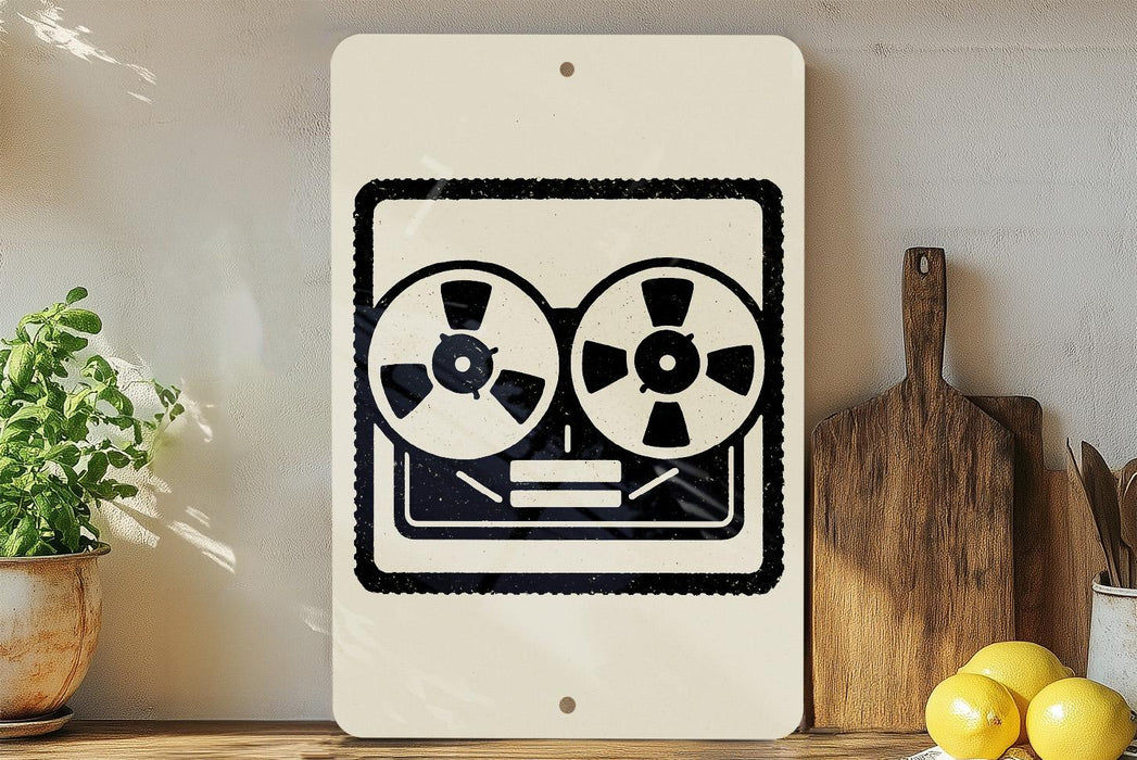 a white sign with a black and white graphic of a tape recorder, placed on a wooden surface next to a wooden cutting board and some lemons.