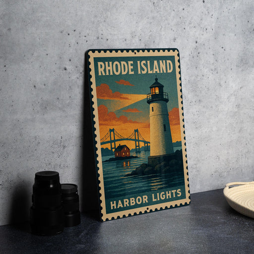 A vintage-style metal sign for Rhode Island's Harbor Lights, featuring a lighthouse and a bridge against a colorful sunset sky.
