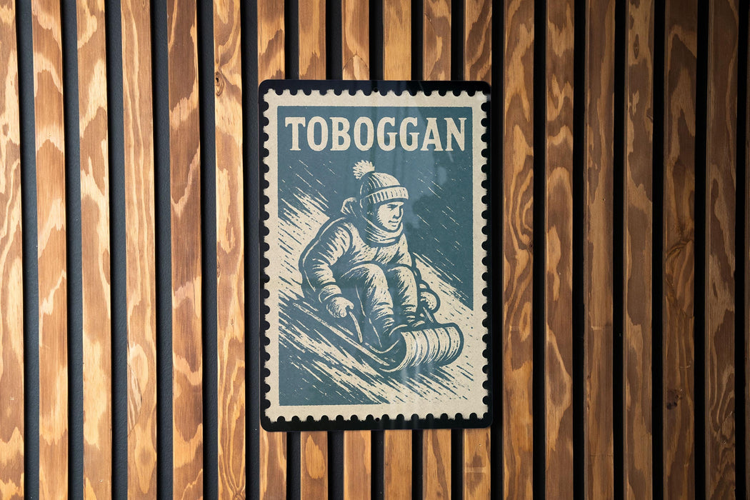 A vintage-style postage stamp featuring a person skiing on a snowy slope, with the word "TOBOGGAN" prominently displayed.