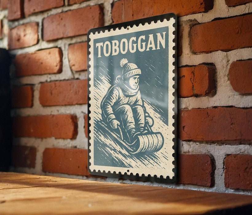 A vintage-style metal sign with a snowboarder illustration is mounted on a brick wall.