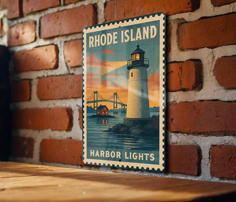 A vintage-style metal sign depicting a lighthouse and a bridge, mounted on a brick wall.