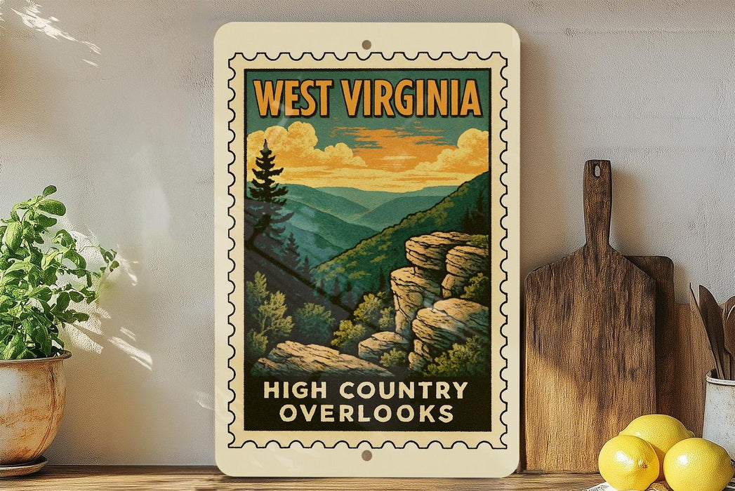 A vintage-style West Virginia postage stamp featuring a scenic mountain landscape with pine trees and rocky cliffs, displayed on a wooden shelf next to kitchen utensils and a potted plant.