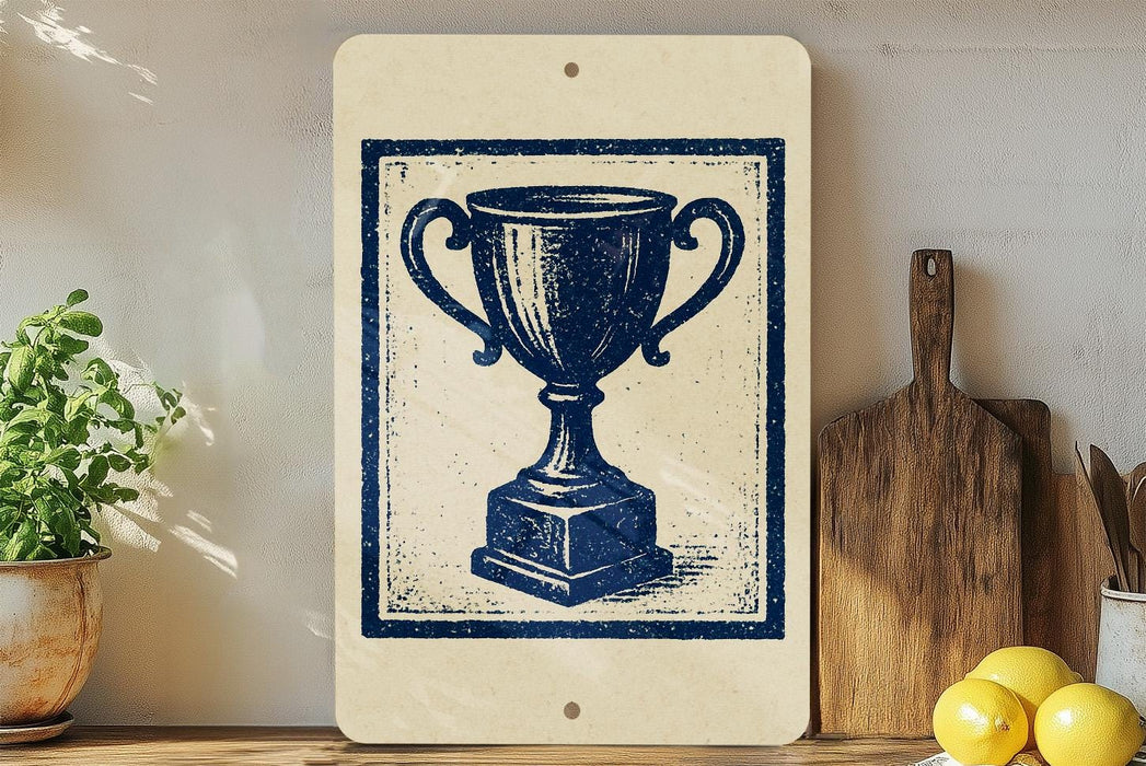 a trophy on a shelf, surrounded by kitchen utensils and a potted plant.