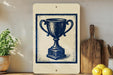 a trophy on a shelf, surrounded by kitchen utensils and a potted plant.