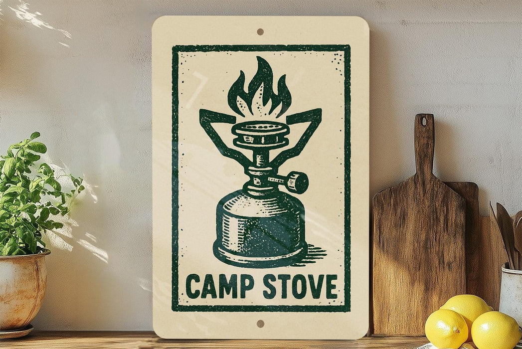 a sign with a green and white design depicting a camp stove, placed on a wooden surface next to a wooden cutting board and some lemons.