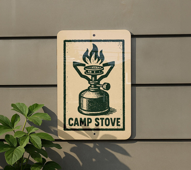 A sign with a graphic of a camp stove is mounted on a wall, with a plant visible to the left.