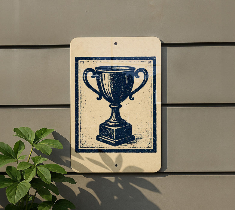 a trophy sign on a wall, with a plant to the left of the sign.