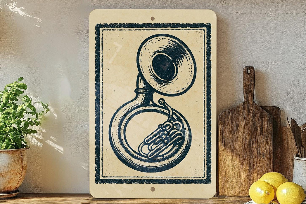 a vintage-style brass instrument, specifically a tuba, displayed on a shelf with a potted plant and a wooden cutting board nearby.