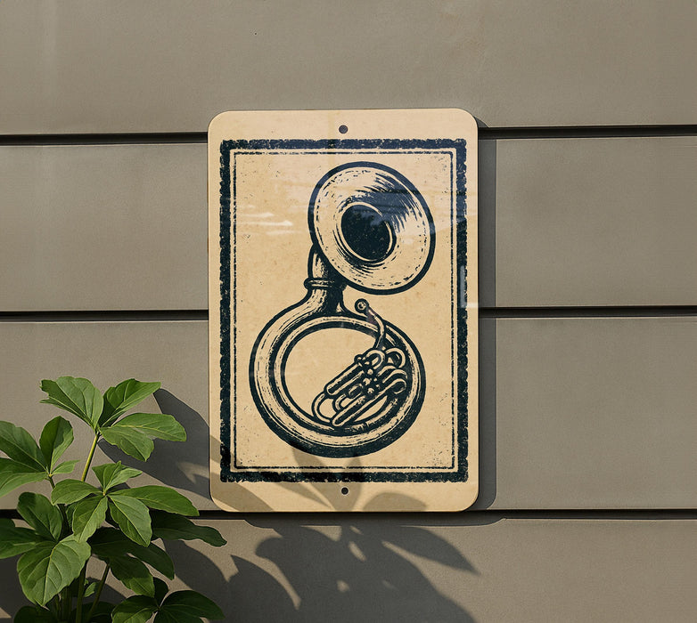 a brass instrument, specifically a tuba, mounted on a wall.