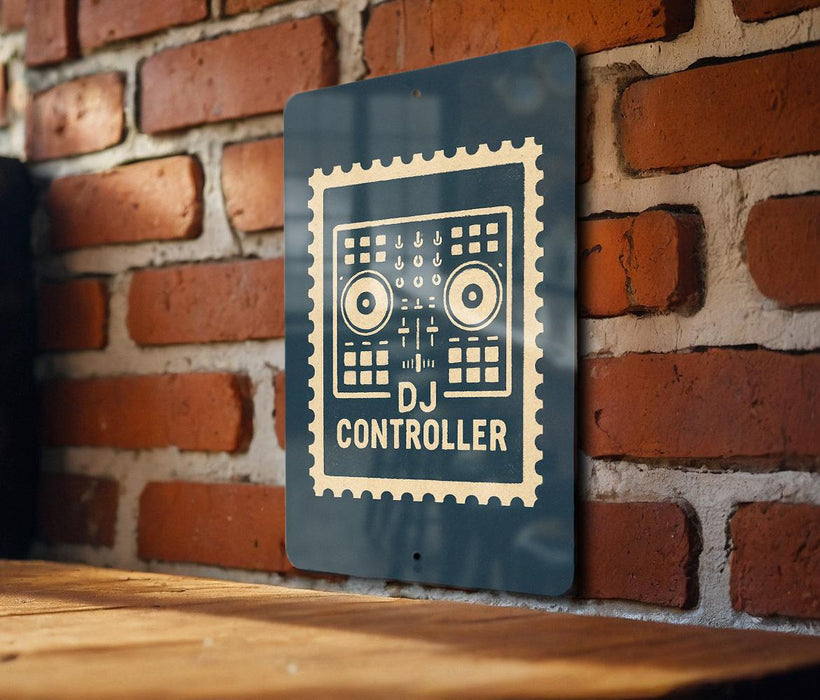A sign with a DJ controller design is mounted on a brick wall.