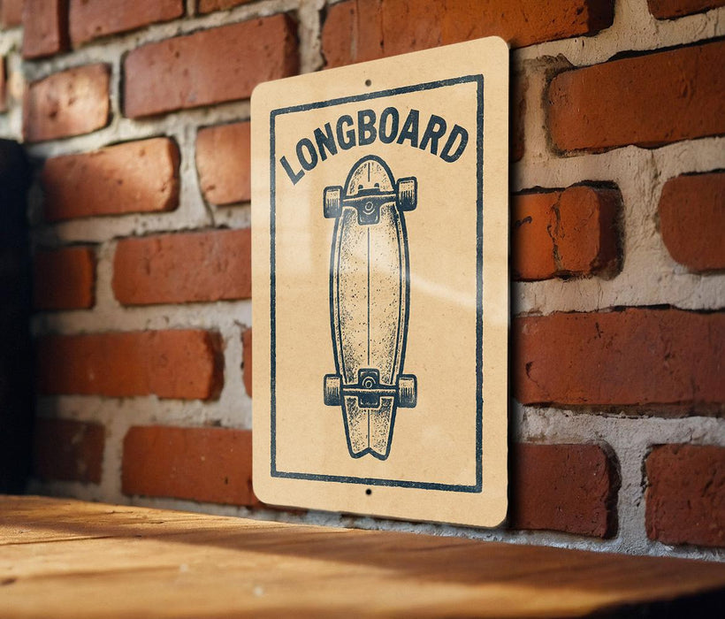A wooden sign with a skateboard graphic is mounted on a brick wall.