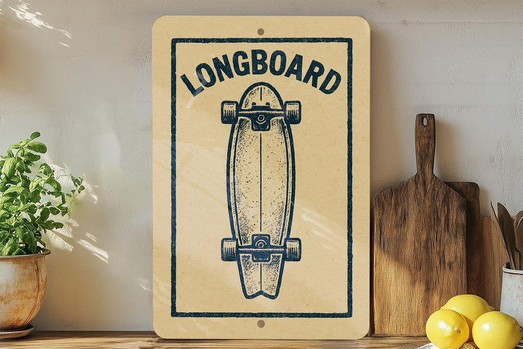 a wooden sign with a skateboard graphic, placed on a wooden surface next to a wooden cutting board and some lemons.