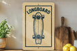 a wooden sign with a skateboard graphic, placed on a wooden surface next to a wooden cutting board and some lemons.