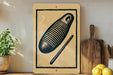 a wooden cutting board, a potted plant, and a wooden spoon on a shelf.