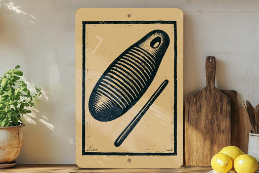 a wooden cutting board, a potted plant, and a wooden spoon on a shelf.