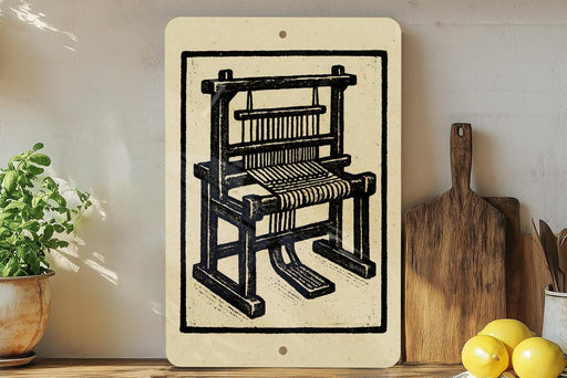 a wooden weaving loom on a shelf, surrounded by kitchen utensils and a potted plant.