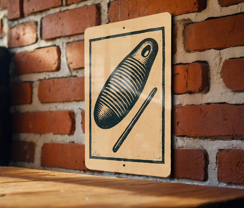 a wooden table with a sign featuring a black and white illustration of a fish or seafood item on it.