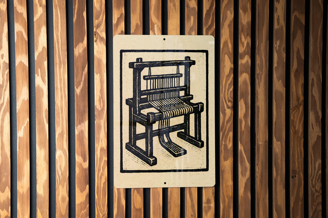 a sign with a black and white illustration of a wooden chair.