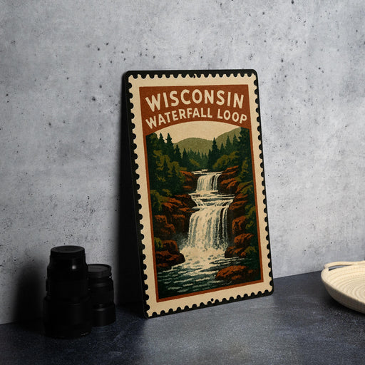 A framed poster of Wisconsin's Waterfall Loop, featuring a scenic illustration of a waterfall surrounded by trees and mountains.