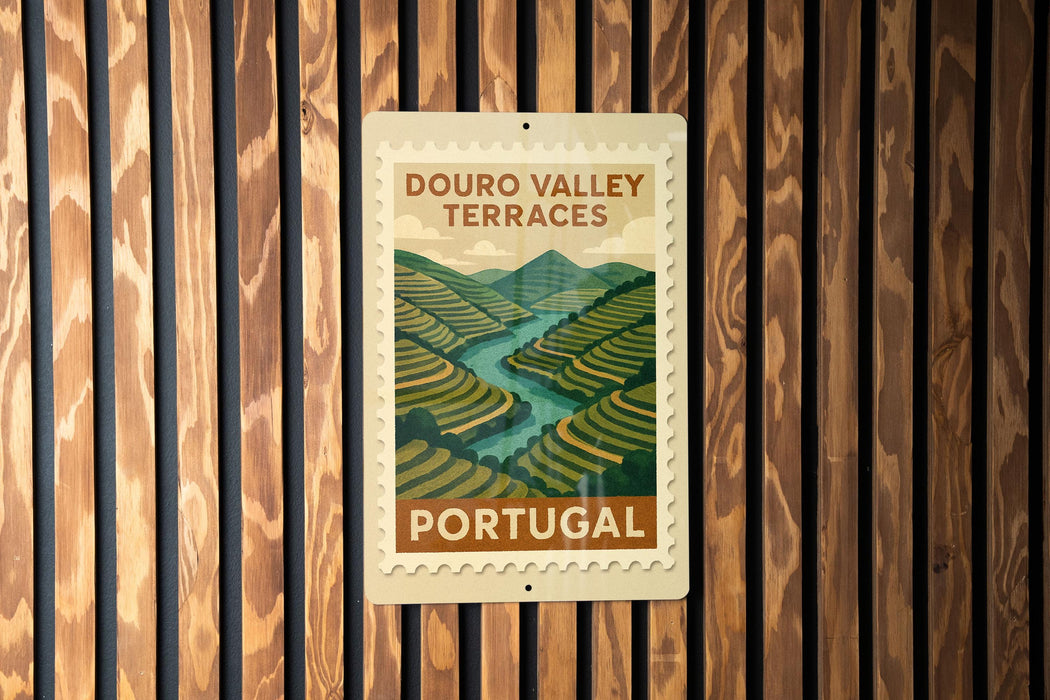 A vintage-style postage stamp depicting the Douro Valley terraces in Portugal, with a wooden background.