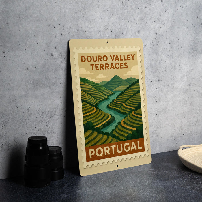 a poster or sign with a scenic illustration of the Douro Valley terraces in Portugal, with a river winding through the landscape.