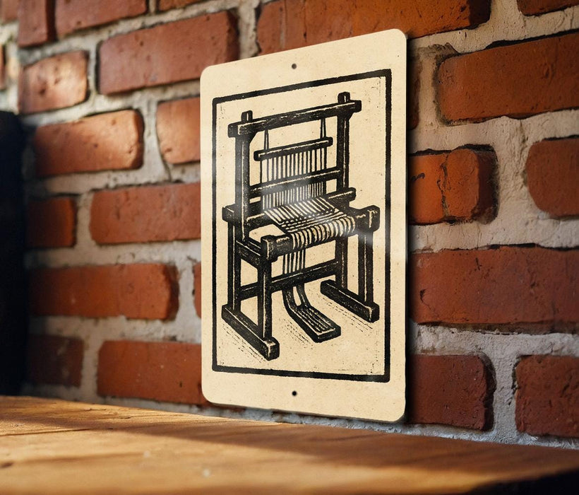 A sign with a black and white illustration of a wooden chair is mounted on a brick wall.