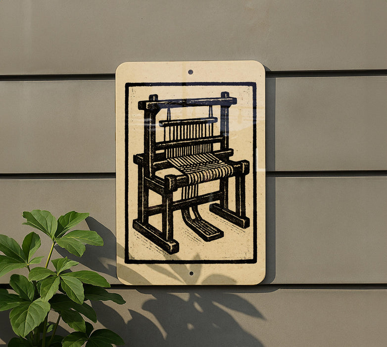 a sign with a black and white illustration of a wooden chair on a wall.