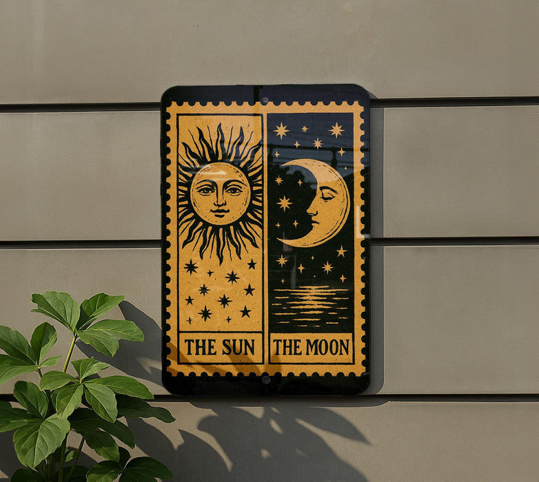 a sign with the words "THE SUN THE MOON" on it, mounted on a wall next to a plant.