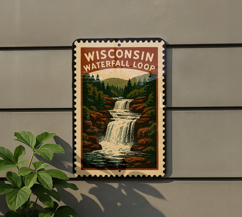 A metal sign with a vintage-style illustration of a waterfall, mounted on a wall next to a plant.
